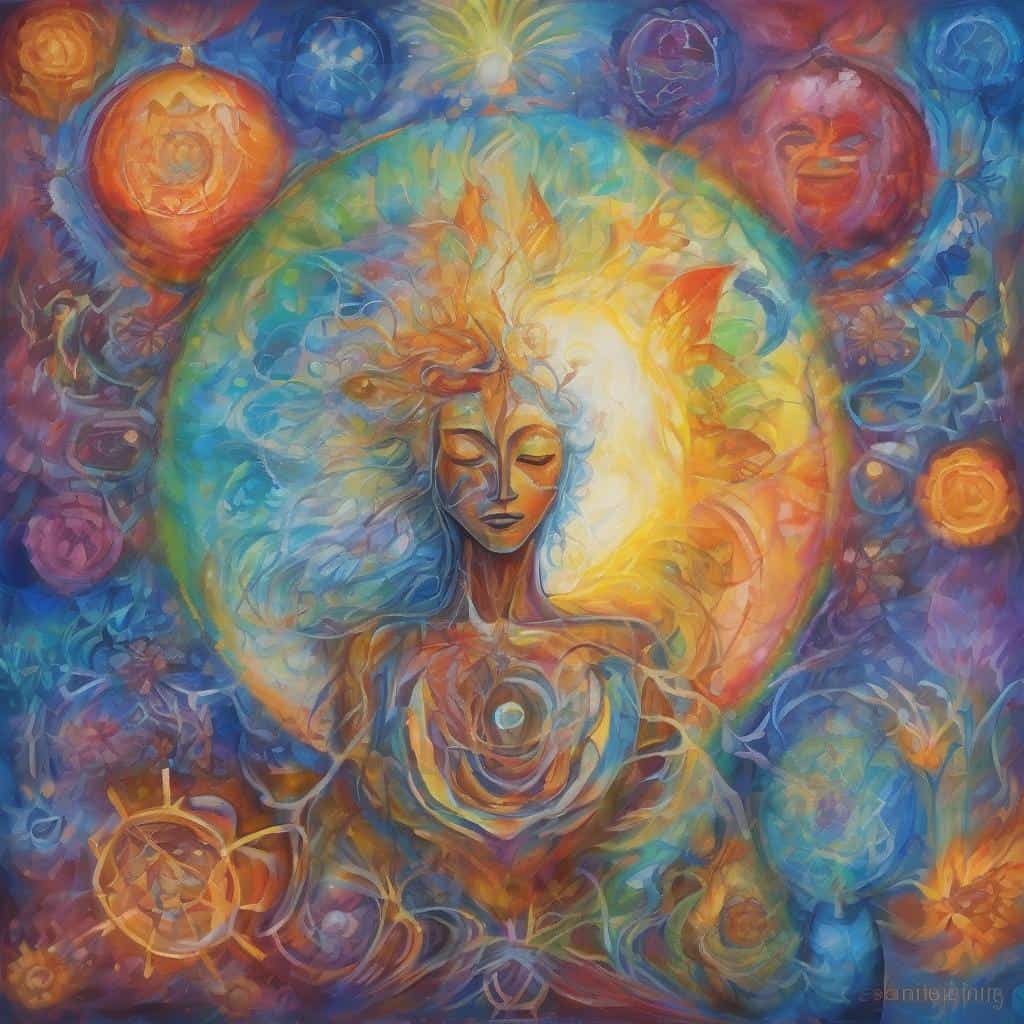 Ανθρώπινη φιγούρα με φωτεινά, πολύχρωμα στοιχεία και την ενέργεια της συνείδησης.