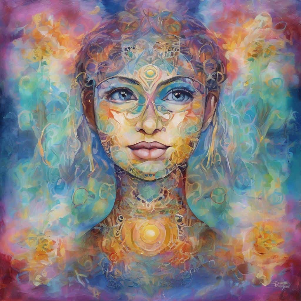 Ασυνείδητη εικόνα γυναίκας με πολύχρωμο αφαιρετικό στυλ, ενισχύοντας την αυτογνωσία και την εσωτερική ισορροπία.