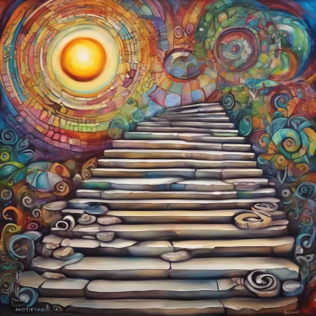 Πολύχρωμο μονοπάτι και φωτεινός ήλιος για συνείδηση και ευεξία.