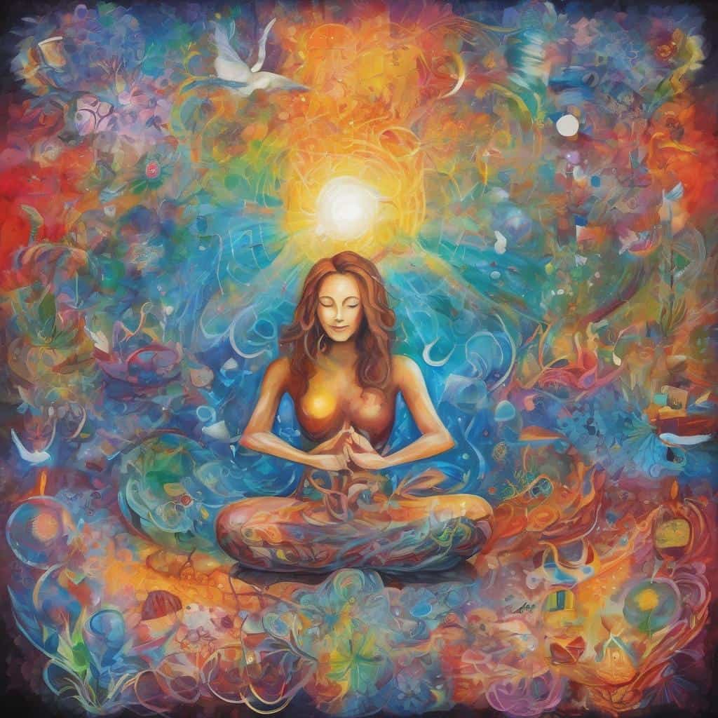 Ανθρώπινη γυναίκα σε διαλογισμό με πολύχρωμα φώτα γύρω της.