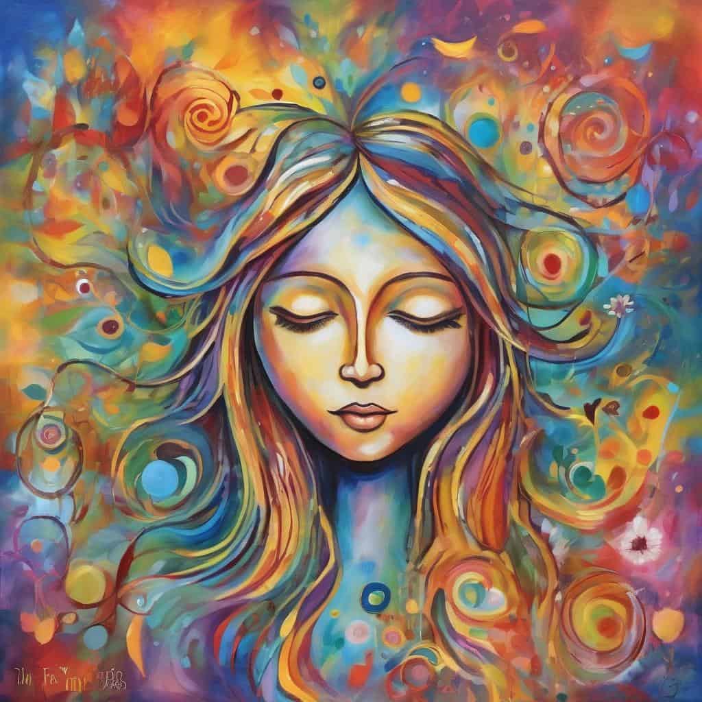 Αυθεντικό πορτρέτο γυναίκας με πολύχρωμες, αφηρημένες πινελιές και θετική ενέργεια.