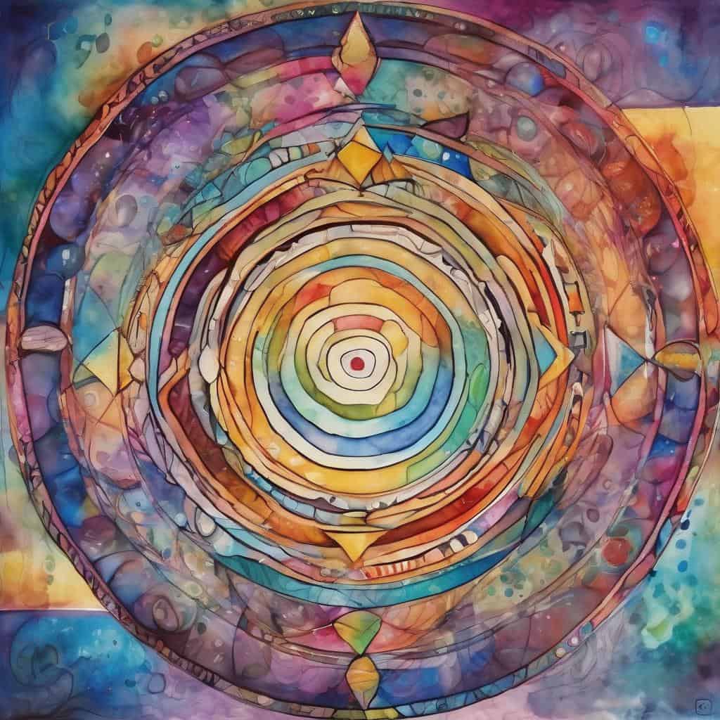 Πρωτότυπη αφηρημένη τέχνη με πολύχρωμες κυκλικές δομές και αρμονία, για καλλιεργημένη ζωή και αυτογνωσία.